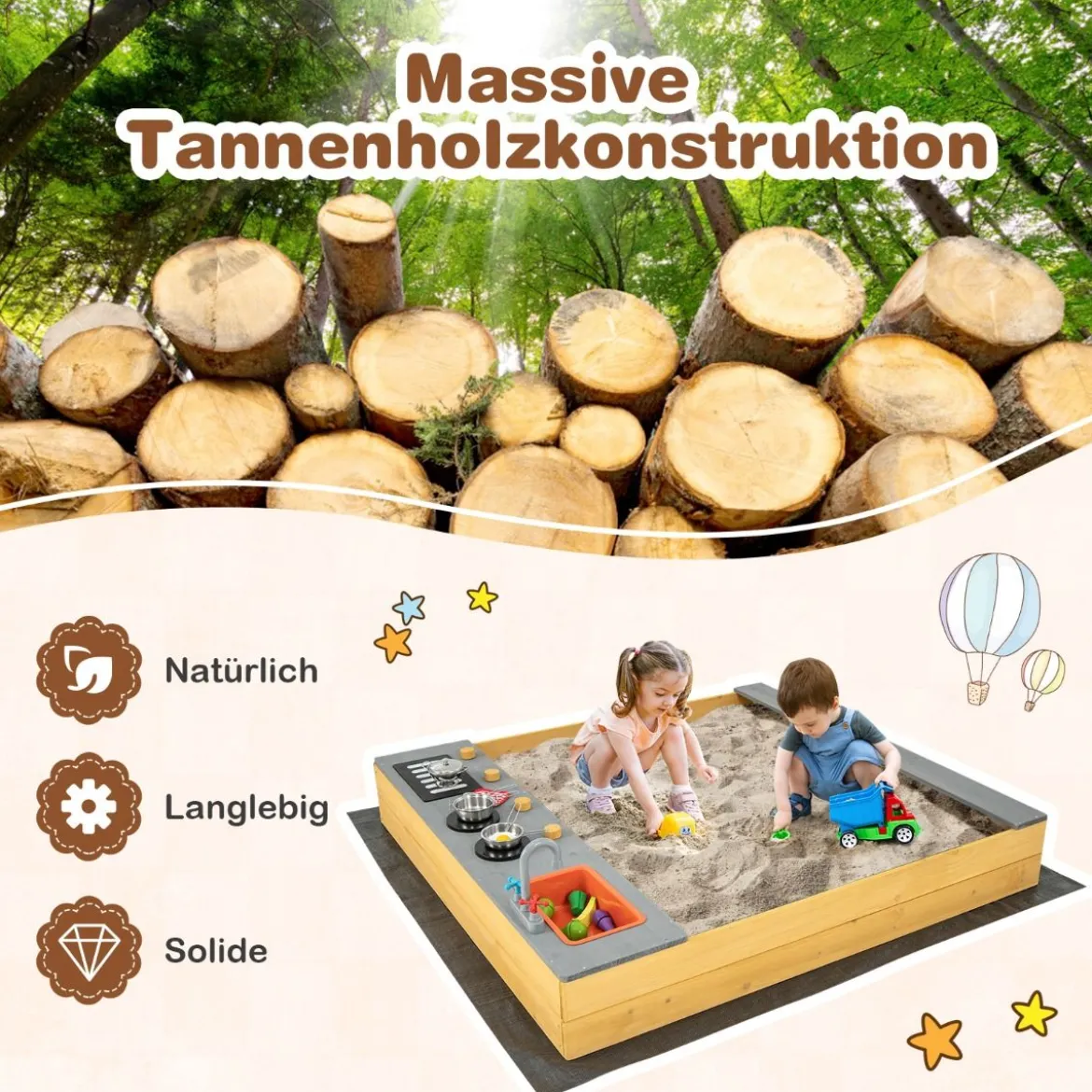 Holzsandkasten mit Küchenzubehör & Eingebauter Sitzbank & Bodenauskleidung Sandkasten