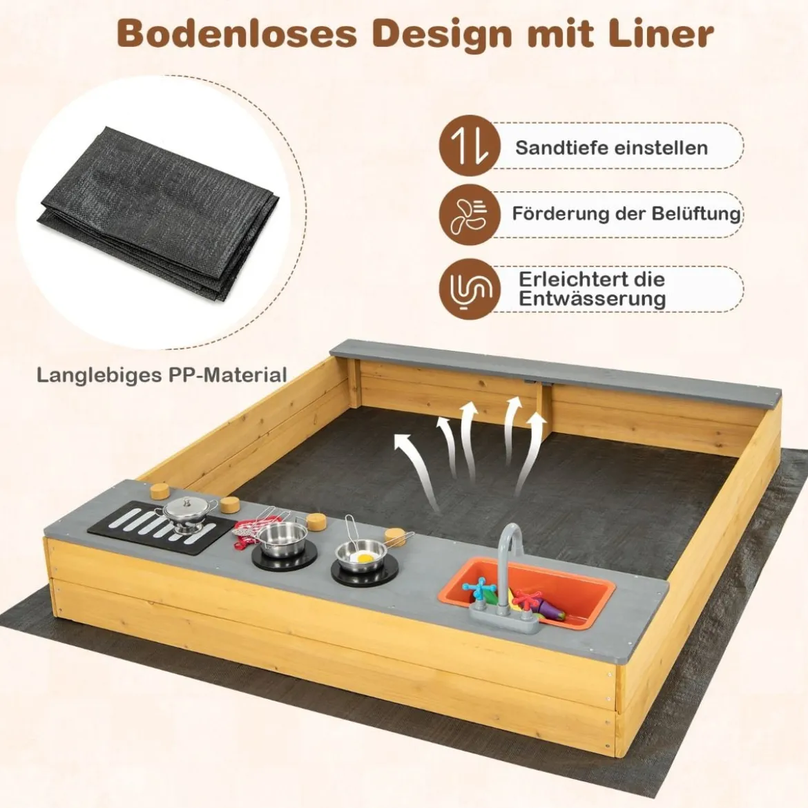 Holzsandkasten mit Küchenzubehör & Eingebauter Sitzbank & Bodenauskleidung Sandkasten