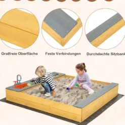 Holzsandkasten mit Küchenzubehör & Eingebauter Sitzbank & Bodenauskleidung Sandkasten