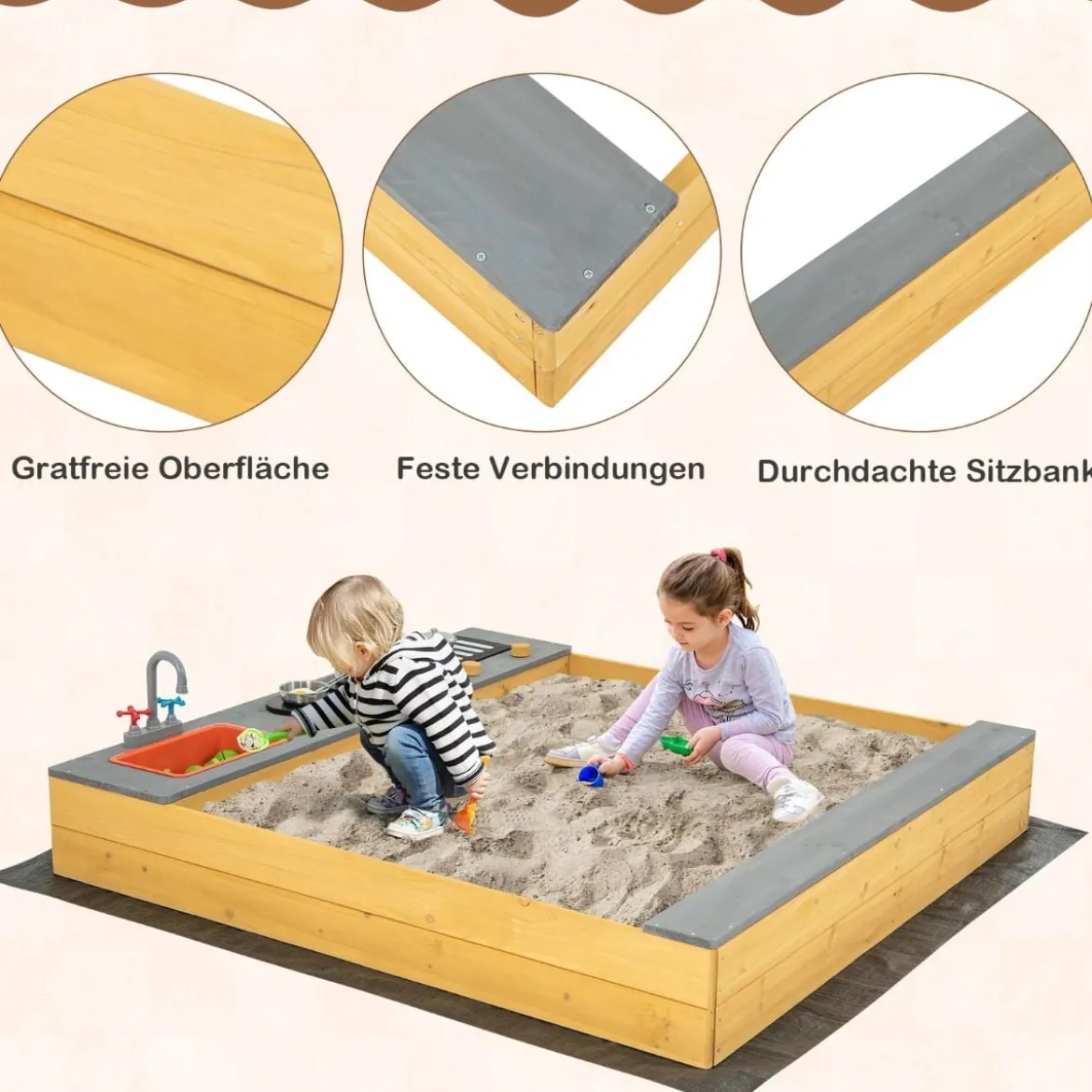 Holzsandkasten mit Küchenzubehör & Eingebauter Sitzbank & Bodenauskleidung Sandkasten