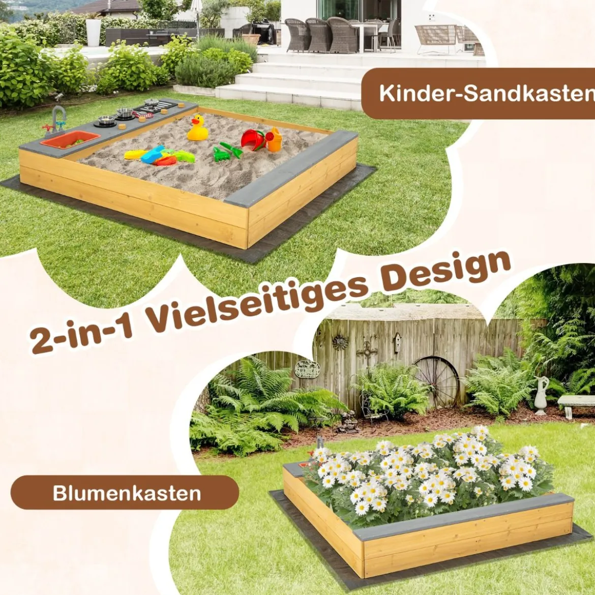 Holzsandkasten mit Küchenzubehör & Eingebauter Sitzbank & Bodenauskleidung Sandkasten