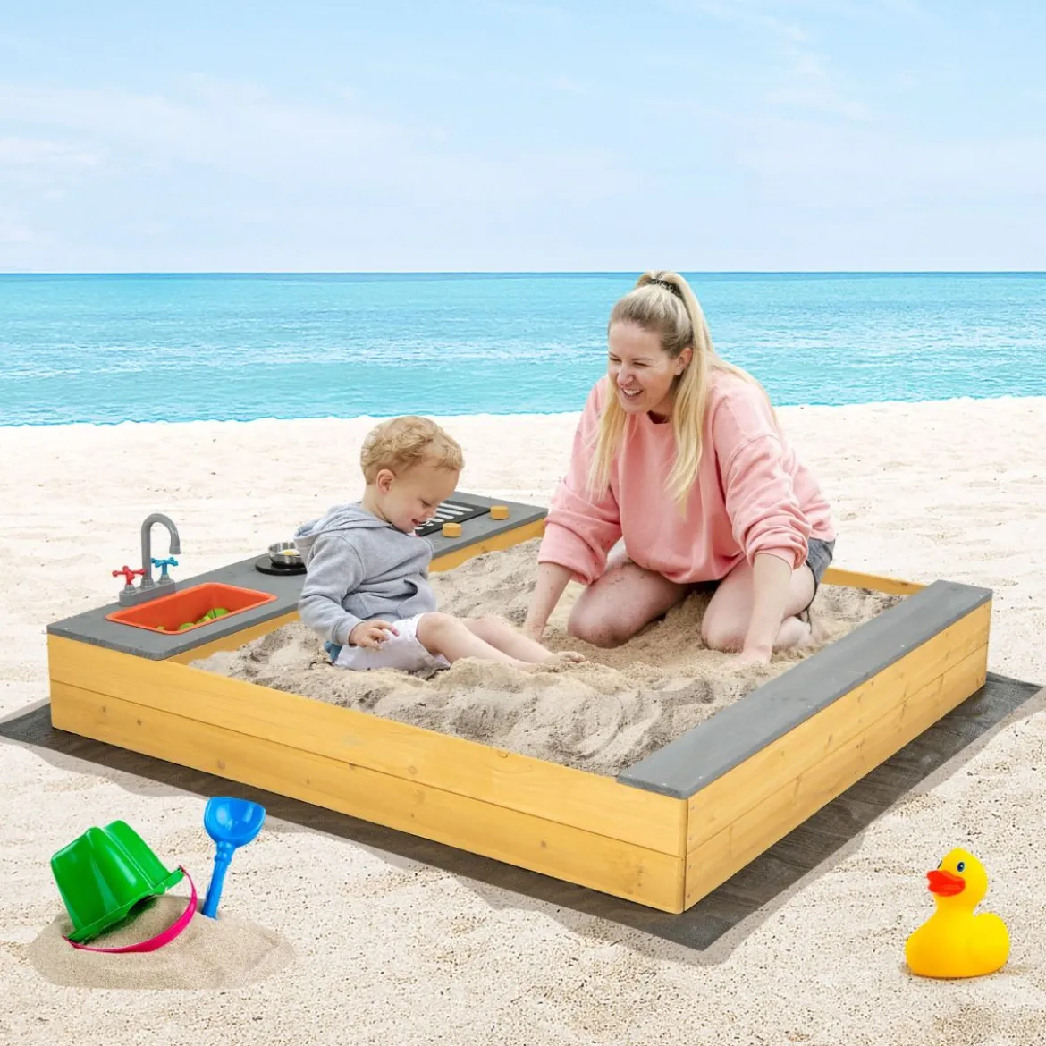Holzsandkasten mit Küchenzubehör & Eingebauter Sitzbank & Bodenauskleidung Sandkasten