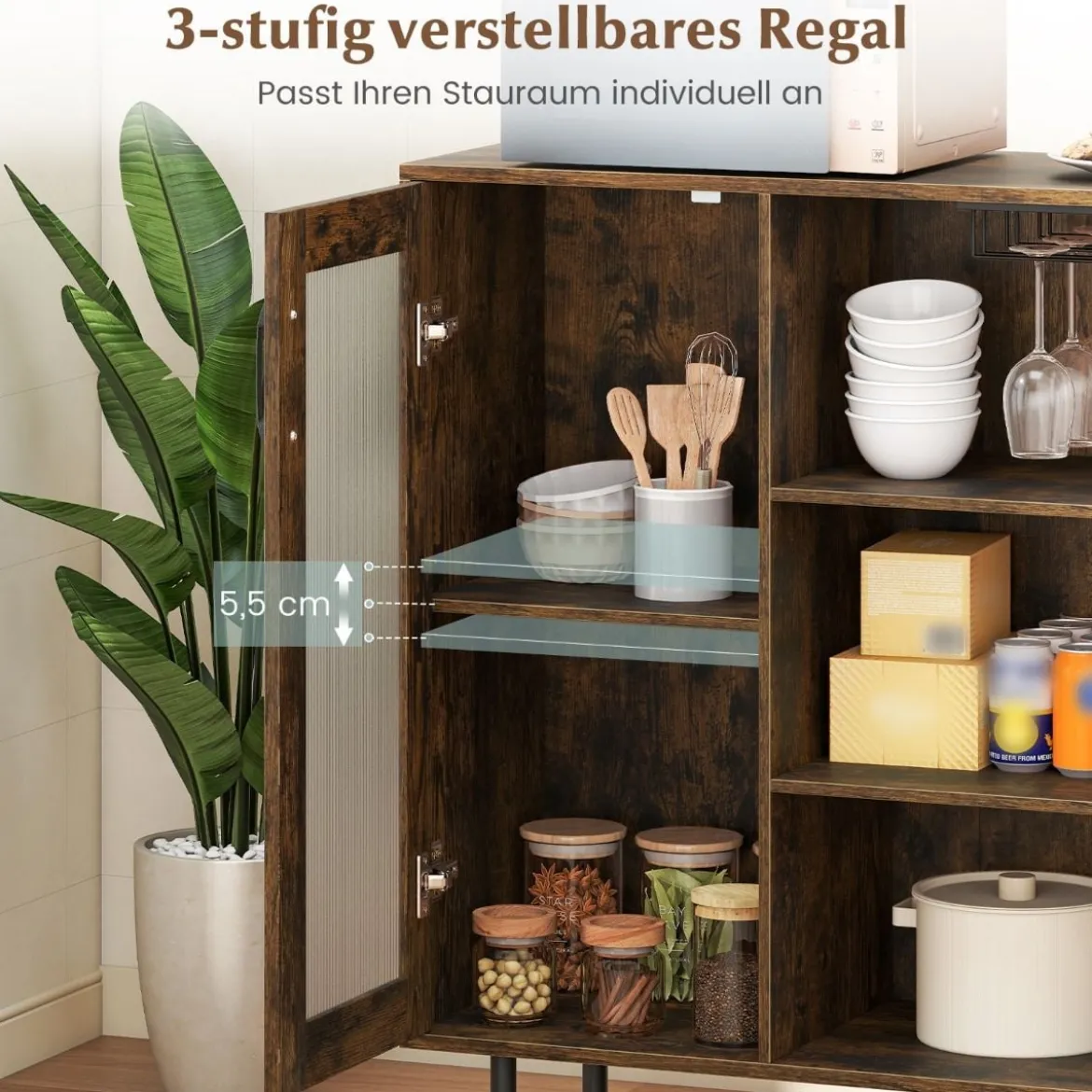 Holz Sideboard Küchenschrank mit Glastür & Verstellbarem Weinregal & Glashaltern Kommode
