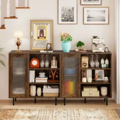 Holz Sideboard Küchenschrank mit Glastür & Verstellbarem Weinregal & Glashaltern Kommode