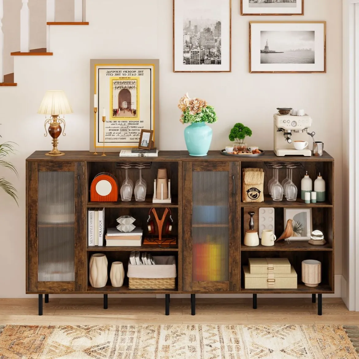 Holz Sideboard Küchenschrank mit Glastür & Verstellbarem Weinregal & Glashaltern Kommode