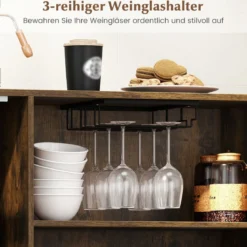 Holz Sideboard Küchenschrank mit Glastür & Verstellbarem Weinregal & Glashaltern Kommode