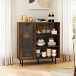 Holz Sideboard Küchenschrank mit Glastür & Verstellbarem Weinregal & Glashaltern Kommode