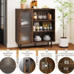 Holz Sideboard Küchenschrank mit Glastür & Verstellbarem Weinregal & Glashaltern Kommode