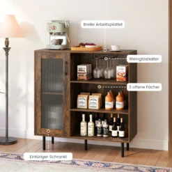 Holz Sideboard Küchenschrank mit Glastür & Verstellbarem Weinregal & Glashaltern Kommode