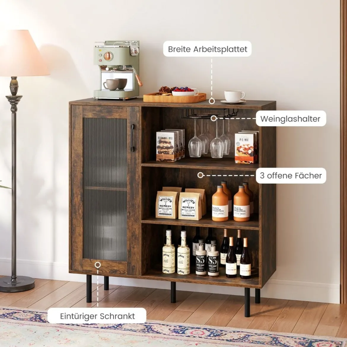 Holz Sideboard Küchenschrank mit Glastür & Verstellbarem Weinregal & Glashaltern Kommode