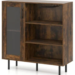 Holz Sideboard Küchenschrank mit Glastür & Verstellbarem Weinregal & Glashaltern Kommode