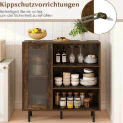 Holz Sideboard Küchenschrank mit Glastür & Verstellbarem Weinregal & Glashaltern Kommode