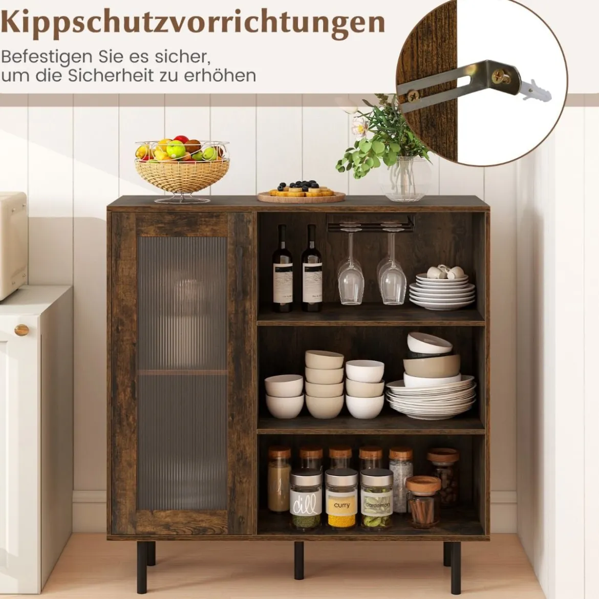 Holz Sideboard Küchenschrank mit Glastür & Verstellbarem Weinregal & Glashaltern Kommode