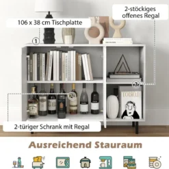 Holz Sideboard mit 4 Fächern & 2 Türen & Verstellbare Ablagen Buffetschrank Weiß