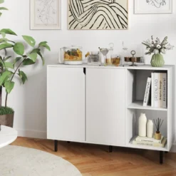 Holz Sideboard mit 4 Fächern & 2 Türen & Verstellbare Ablagen Buffetschrank Weiß