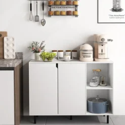 Holz Sideboard mit 4 Fächern & 2 Türen & Verstellbare Ablagen Buffetschrank Weiß