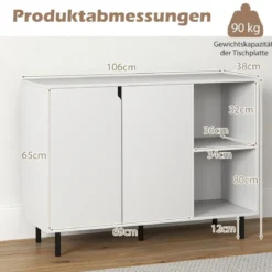Holz Sideboard mit 4 Fächern & 2 Türen & Verstellbare Ablagen Buffetschrank Weiß