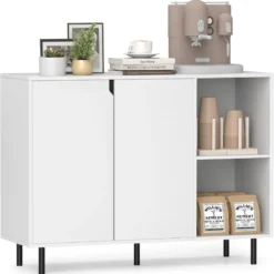 Holz Sideboard mit 4 Fächern & 2 Türen & Verstellbare Ablagen Buffetschrank Weiß