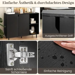 Holz Sideboard mit 4 Fächern & 2 Türen & Verstellbare Ablagen Buffetschrank Küchenschrank Schwarz