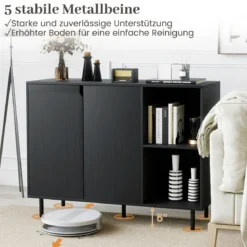 Holz Sideboard mit 4 Fächern & 2 Türen & Verstellbare Ablagen Buffetschrank Küchenschrank Schwarz