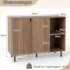 Holz Sideboard mit 4 Fächern & 2 Türen & Verstellbare Ablagen Buffetschrank Natur