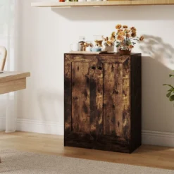 Holz Sideboard mit Türen & Verstellbaren Regalen Buffetschrank Bodenablageschrank Rustikales Braun