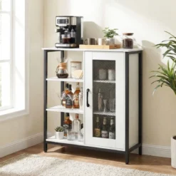 Holz Sideboard mit Tür & Verstellbaren Einlegeböden Küchenschrank Vintage Buffetschrank Weiß