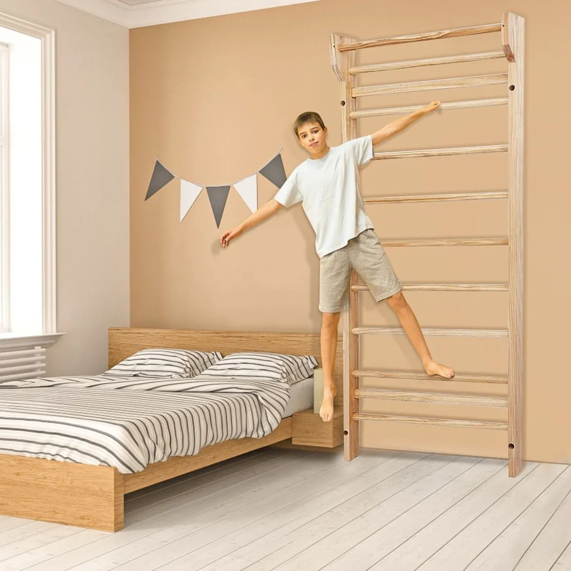 Holz Sprossenwand mit Klimmzugstange & 10 Sprossen Kletterwand 150kg Belastbar Turnwand
