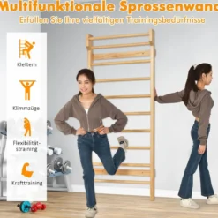 Holz Sprossenwand mit Klimmzugstange & 10 Sprossen Kletterwand 150kg Belastbar Turnwand