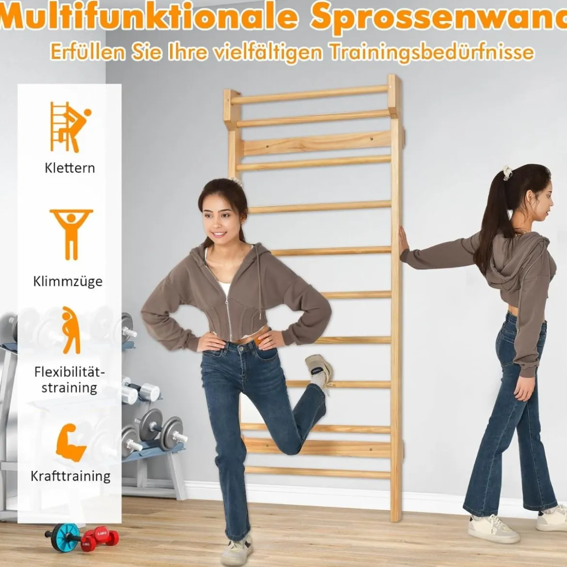 Holz Sprossenwand mit Klimmzugstange & 10 Sprossen Kletterwand 150kg Belastbar Turnwand