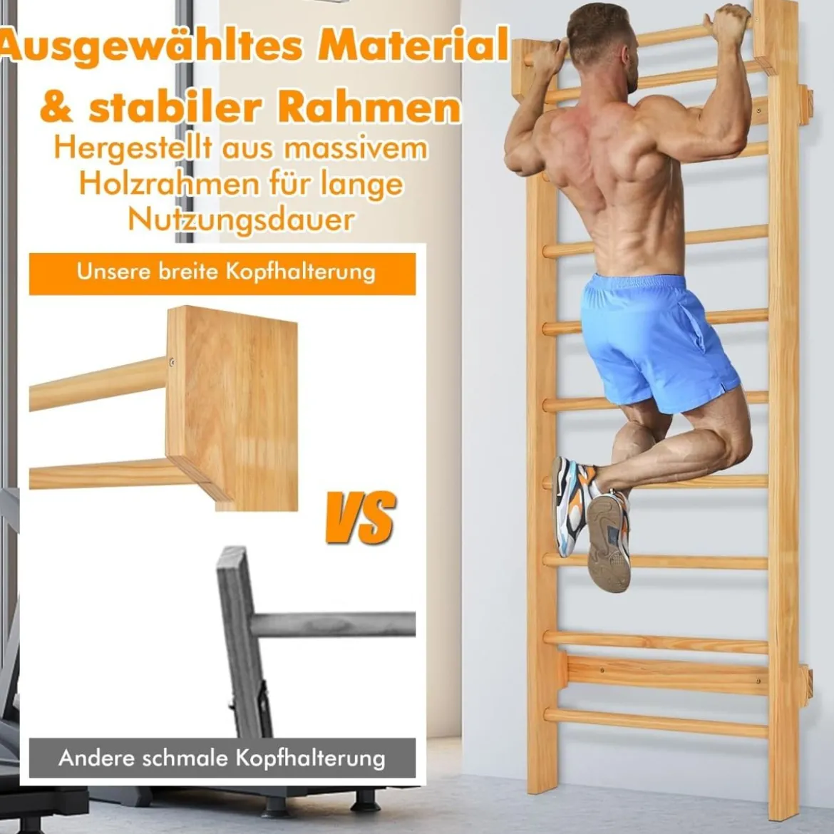 Holz Sprossenwand mit Klimmzugstange & 10 Sprossen Kletterwand 150kg Belastbar Turnwand