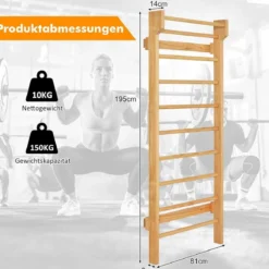 Holz Sprossenwand mit Klimmzugstange & 10 Sprossen Kletterwand 150kg Belastbar Turnwand