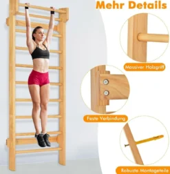 Holz Sprossenwand mit Klimmzugstange & 10 Sprossen Kletterwand 150kg Belastbar Turnwand