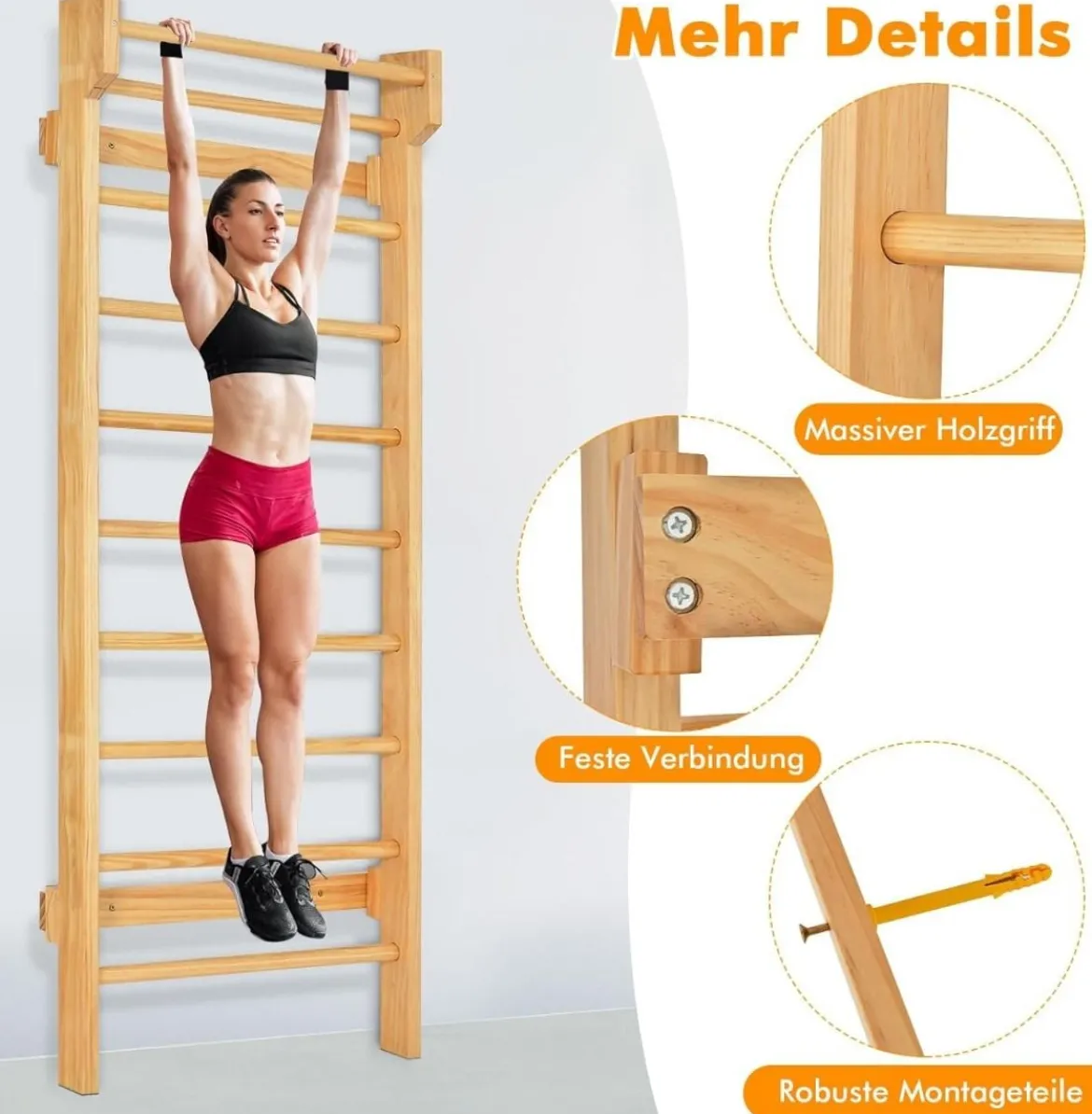 Holz Sprossenwand mit Klimmzugstange & 10 Sprossen Kletterwand 150kg Belastbar Turnwand