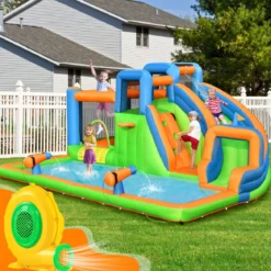 Hüpfburg Aufblasbar Spielburg 370 x 280 x 230 cm + 550W Hüpfburge-Gebläse mit Griff Set