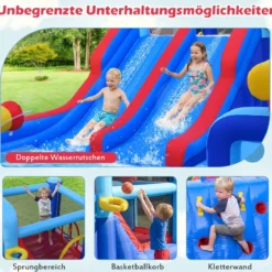 Hüpfburg mit Doppelrutschen & Planschbecken & Sprungbereich & Kletterwand & Basketballkorb & 3 Wasserkanonen