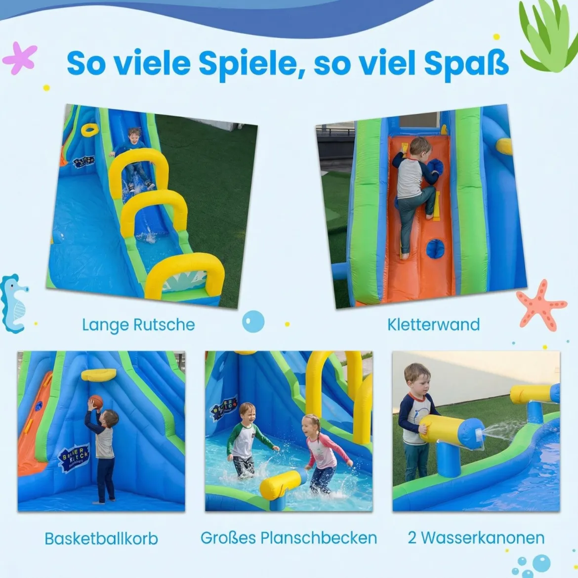 Hüpfburg mit Rutsche & Planschbecken & Kletterwand & Basketballkorb & 2 Wasserkanonen Wasserhüpfburg