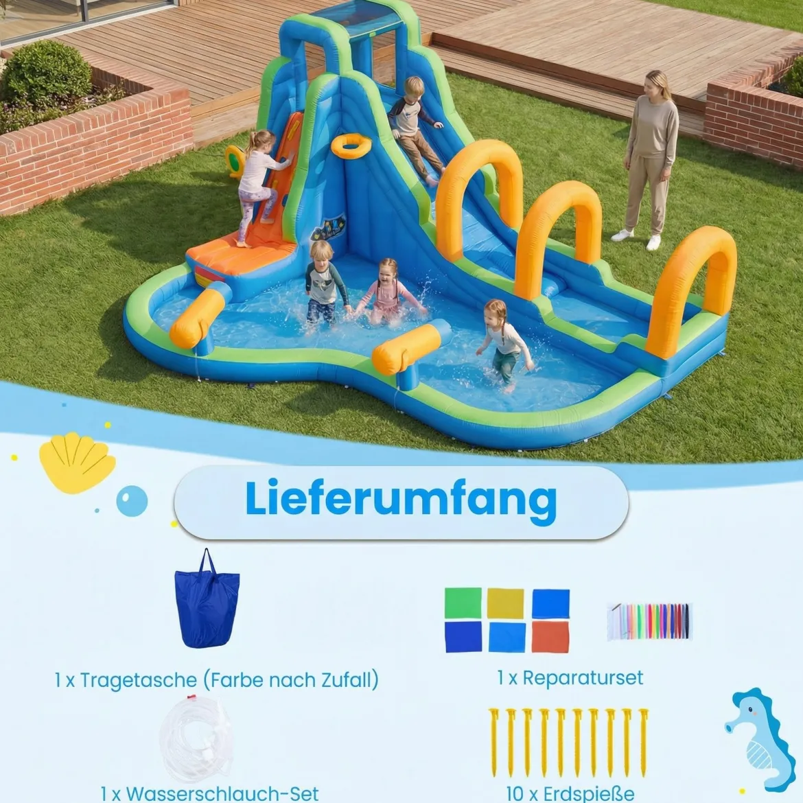 Hüpfburg mit Rutsche & Planschbecken & Kletterwand & Basketballkorb & 2 Wasserkanonen Wasserhüpfburg