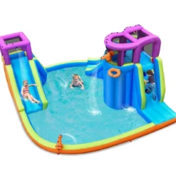 Hüpfburg mit Wasserrutsche Kletterwand 4 Sprinklern 2 Wasserwerfern & Planschbecken (ohne Gebläse)