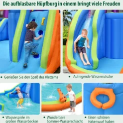 Hüpfburg mit Wasserrutsche Kletterwand 4 Sprinklern 2 Wasserwerfern & Planschbecken (ohne Gebläse)