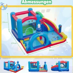Hüpfburg mit Wasserrutsche Sprungbereich Planschbecken Wasserkannonen Boxsack Ringwurfspiel (ohne Gebläse)