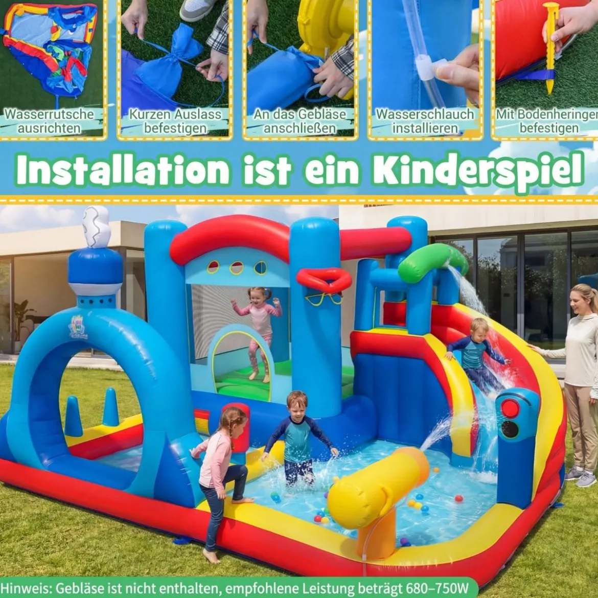 Hüpfburg mit Wasserrutsche Sprungbereich Planschbecken Wasserkannonen Boxsack Ringwurfspiel (ohne Gebläse)