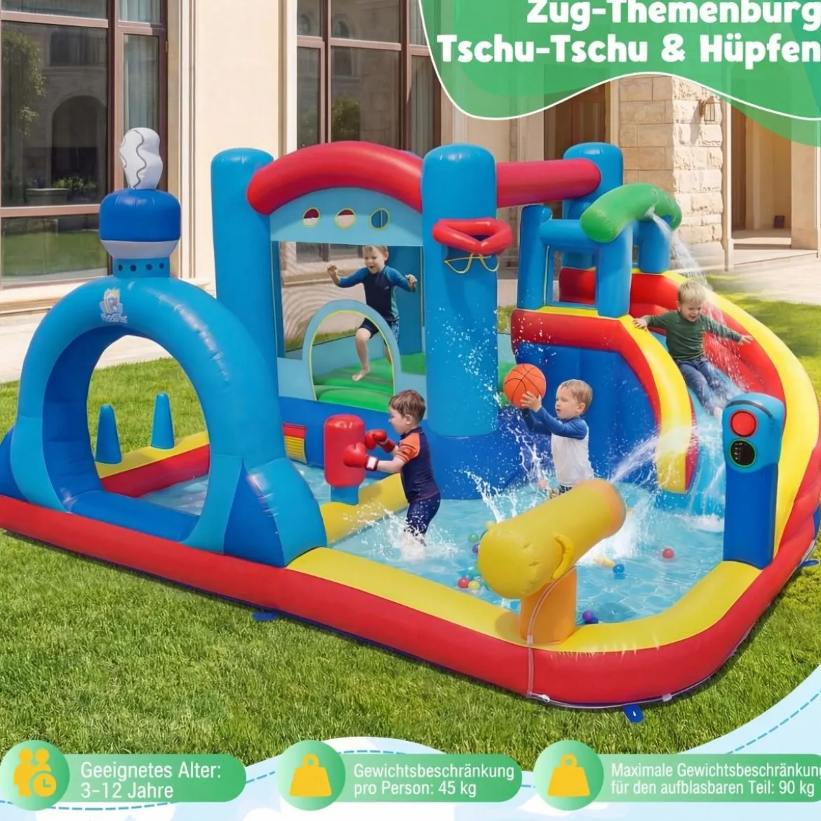 Hüpfburg mit Wasserrutsche Sprungbereich Planschbecken Wasserkannonen Boxsack Ringwurfspiel (ohne Gebläse)