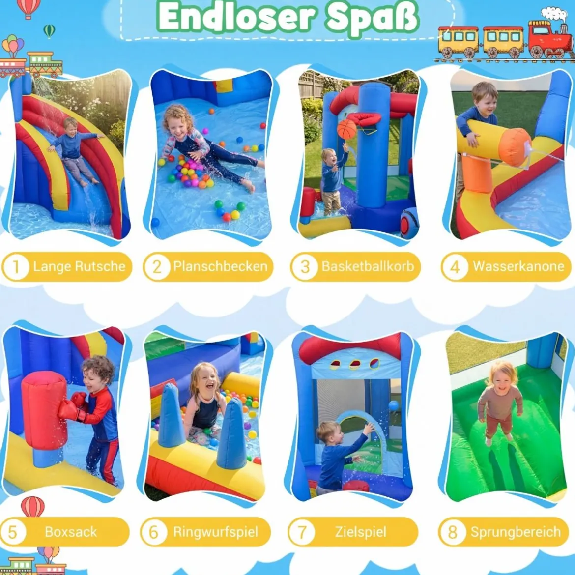 Hüpfburg mit Wasserrutsche Sprungbereich Planschbecken Wasserkannonen Boxsack Ringwurfspiel (ohne Gebläse)