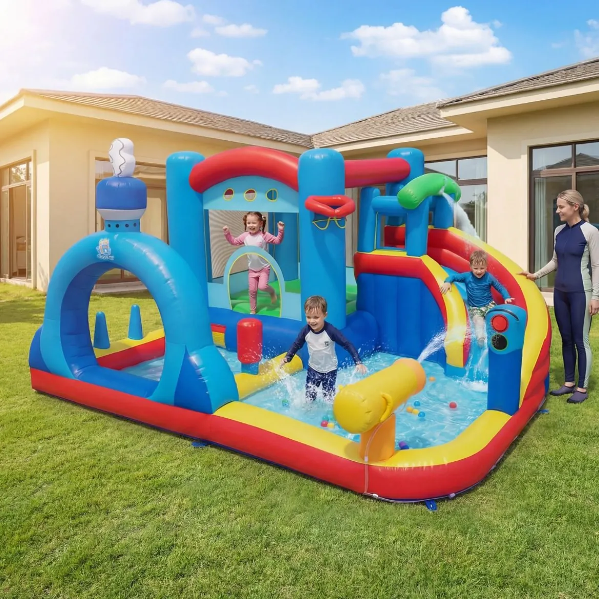 Hüpfburg mit Wasserrutsche Sprungbereich Planschbecken Wasserkannonen Boxsack Ringwurfspiel (ohne Gebläse)