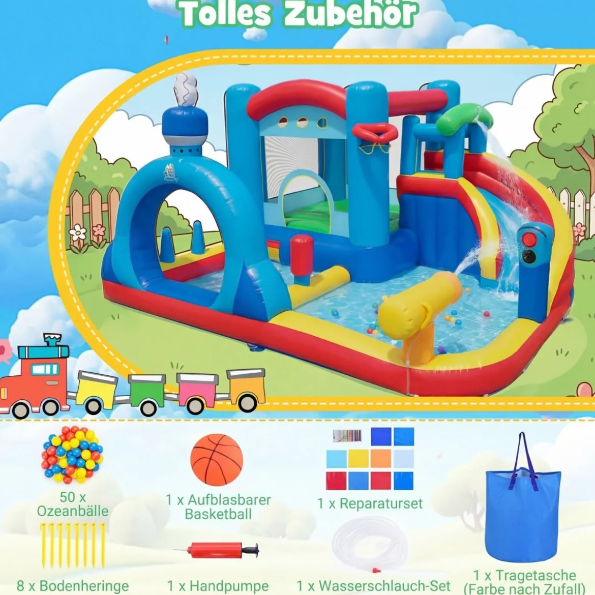 Hüpfburg mit Wasserrutsche Sprungbereich Planschbecken Wasserkannonen Boxsack Ringwurfspiel (ohne Gebläse)