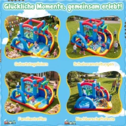 Hüpfburg mit Wasserrutsche Sprungbereich Planschbecken Wasserkannonen Boxsack Ringwurfspiel (ohne Gebläse)