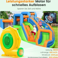 Hüpfburg + 680W Gebläse Set Wasserhüpfburg mit Rutsche & Kletterwand & Basketballkorb