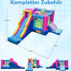Hüpfburg + 680W Gebläse Set Wasserhüpfburg mit Rutsche & Kletterwand & Basketballkorb
