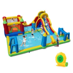 Hüpfburg + 680W Gebläse Set Wasserhüpfburg mit Wasserrutsche & Kletterwand & Planschbecken